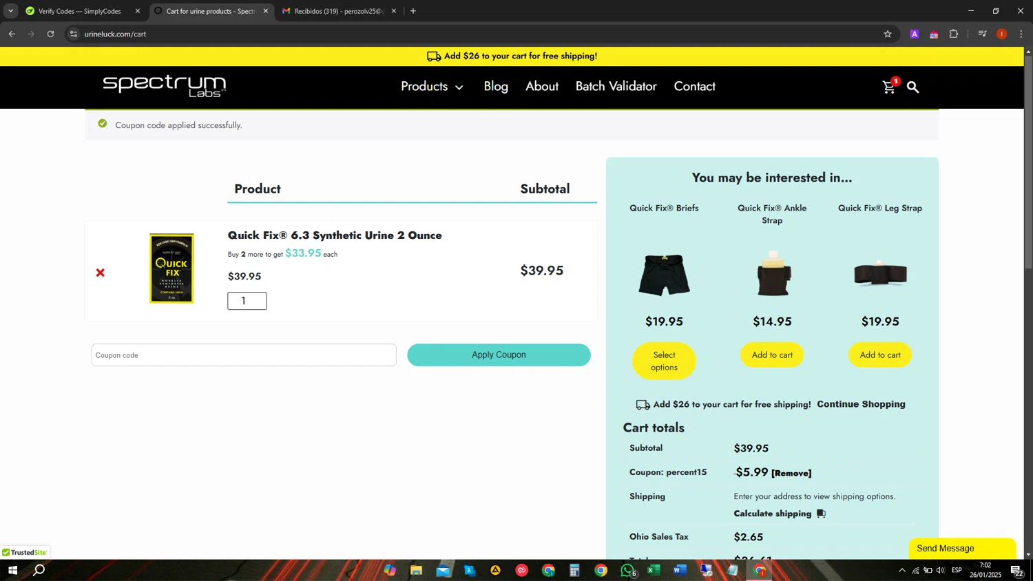 Spectrum Labs coupon code screenshot showing code PERCENT15 applied at Spectrum Labs checkout page. Uploaded by SimplyCodes community member CORINITAI on Jan 26, 2025