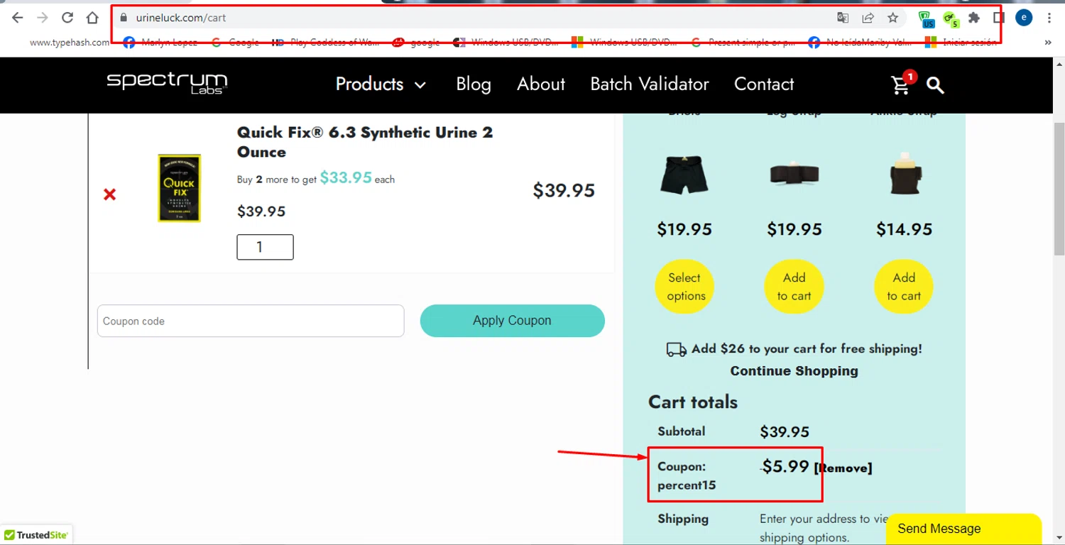 Spectrum Labs coupon code screenshot showing code PERCENT15 applied at Spectrum Labs checkout page. Uploaded by SimplyCodes community member victorchirino1 on Feb 24, 2025