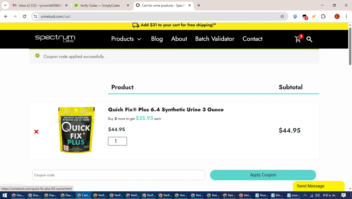 Spectrum Labs checkout page showing Spectrum Labs coupon code box | Screenshot taken by SimplyCodes community member on Jun 29, 2025