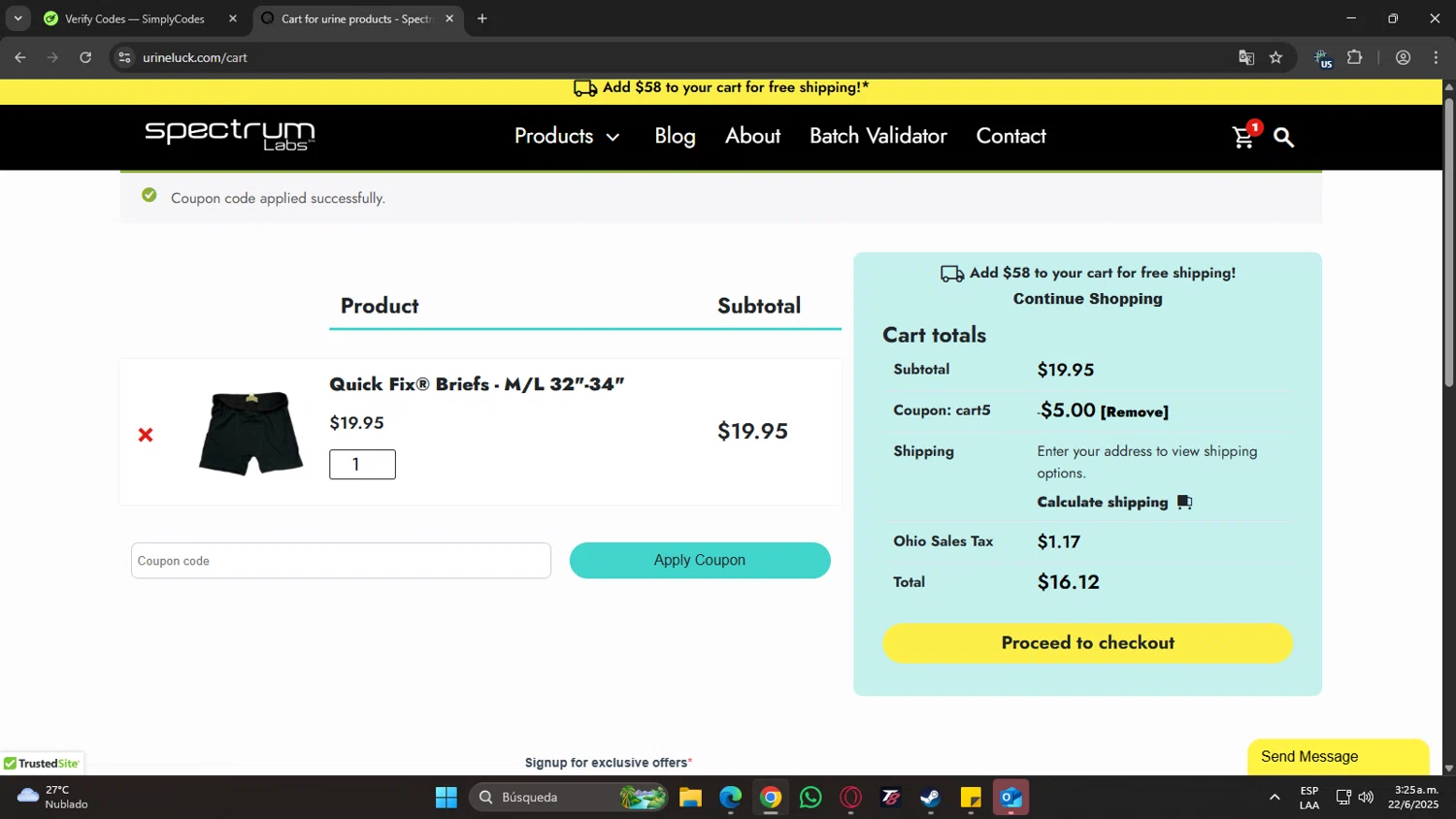Spectrum Labs coupon code screenshot showing code Cart5 applied at Spectrum Labs checkout page. Uploaded by SimplyCodes community member GoldSaver5472 on Jun 22, 2025