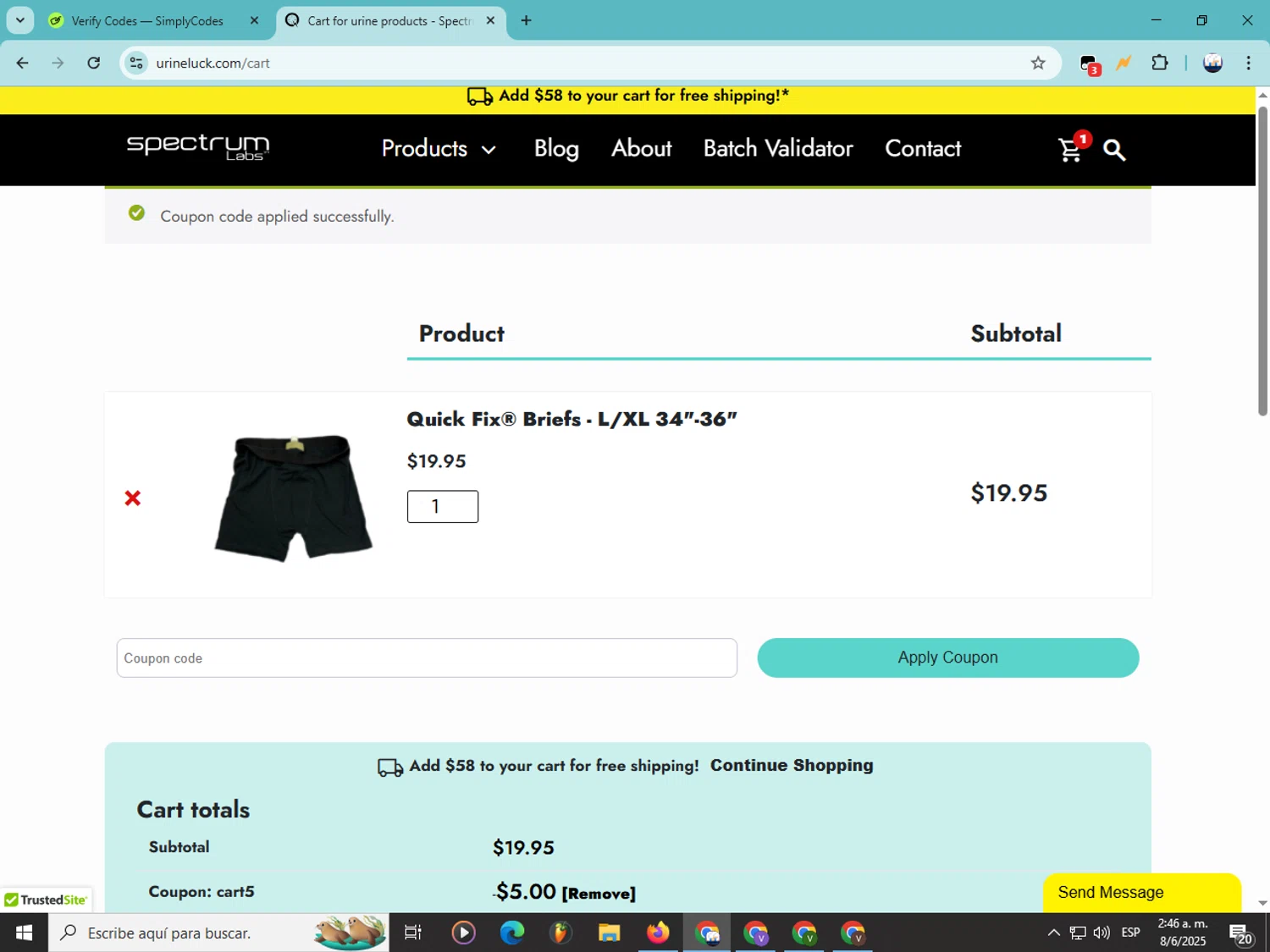 Spectrum Labs coupon code screenshot showing code Cart5 applied at Spectrum Labs checkout page. Uploaded by SimplyCodes community member Soyvictor on Jun 8, 2025