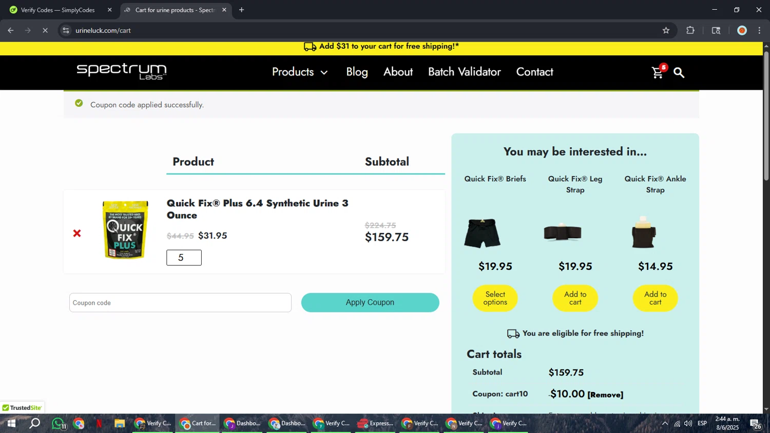 Spectrum Labs coupon code screenshot showing code cart10 applied at Spectrum Labs checkout page. Uploaded by SimplyCodes community member BonusCaptain9927 on Jun 8, 2025