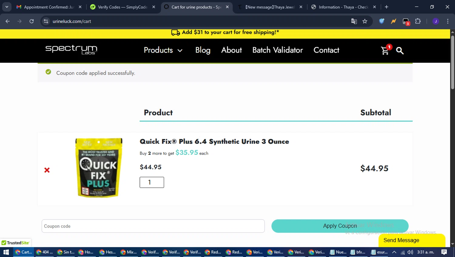 Spectrum Labs coupon code screenshot showing code cart10 applied at Spectrum Labs checkout page. Uploaded by SimplyCodes community member LegendaryLegend9872 on Jun 22, 2025