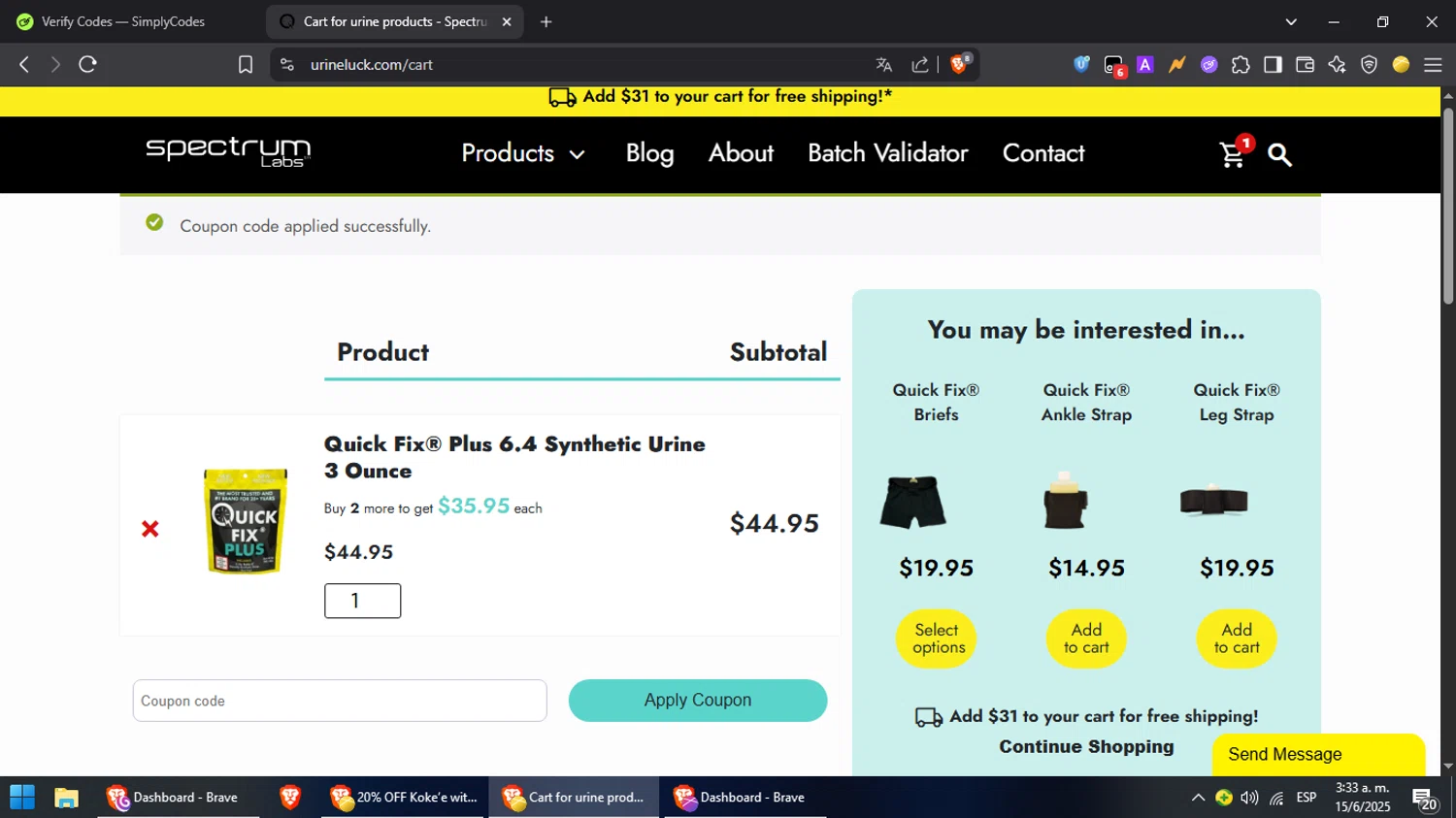 Spectrum Labs coupon code screenshot showing code cart10 applied at Spectrum Labs checkout page. Uploaded by SimplyCodes community member PromoScout8746 on Jun 15, 2025