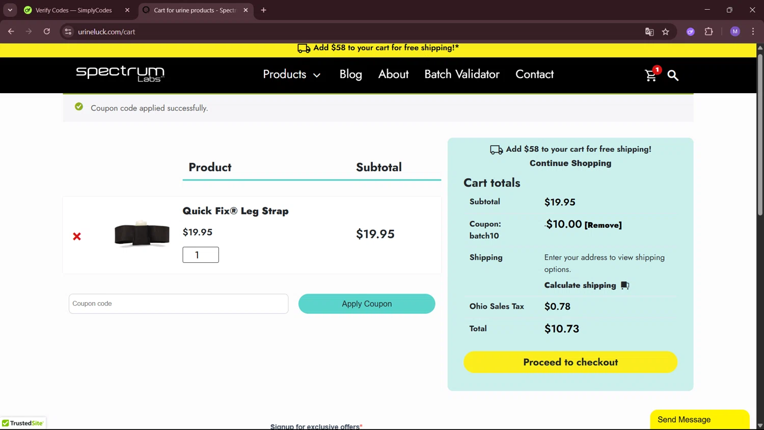 Spectrum Labs coupon code screenshot showing code batch10 applied at Spectrum Labs checkout page. Uploaded by SimplyCodes community member MightyShopper3015 on Jun 15, 2025