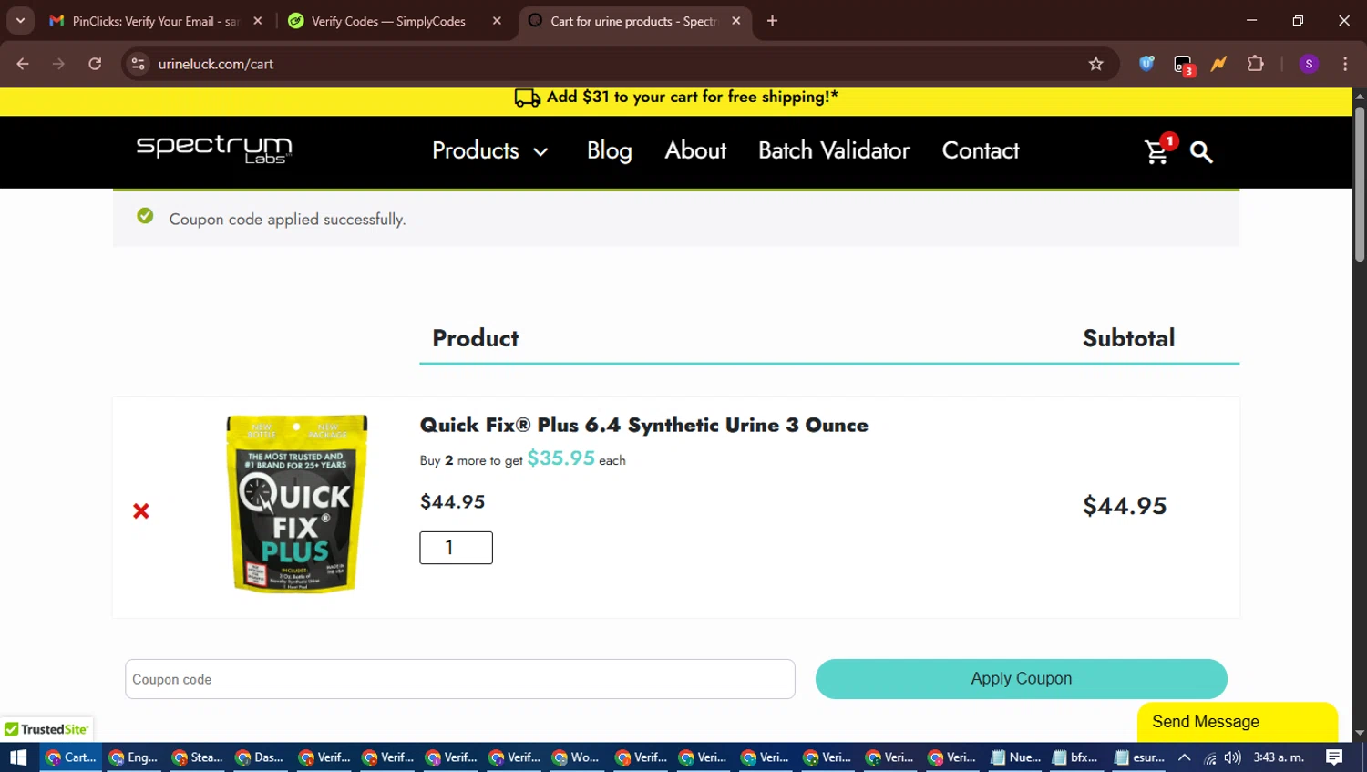 Spectrum Labs coupon code screenshot showing code batch10 applied at Spectrum Labs checkout page. Uploaded by SimplyCodes community member ShieldWarden7838 on Jun 29, 2025