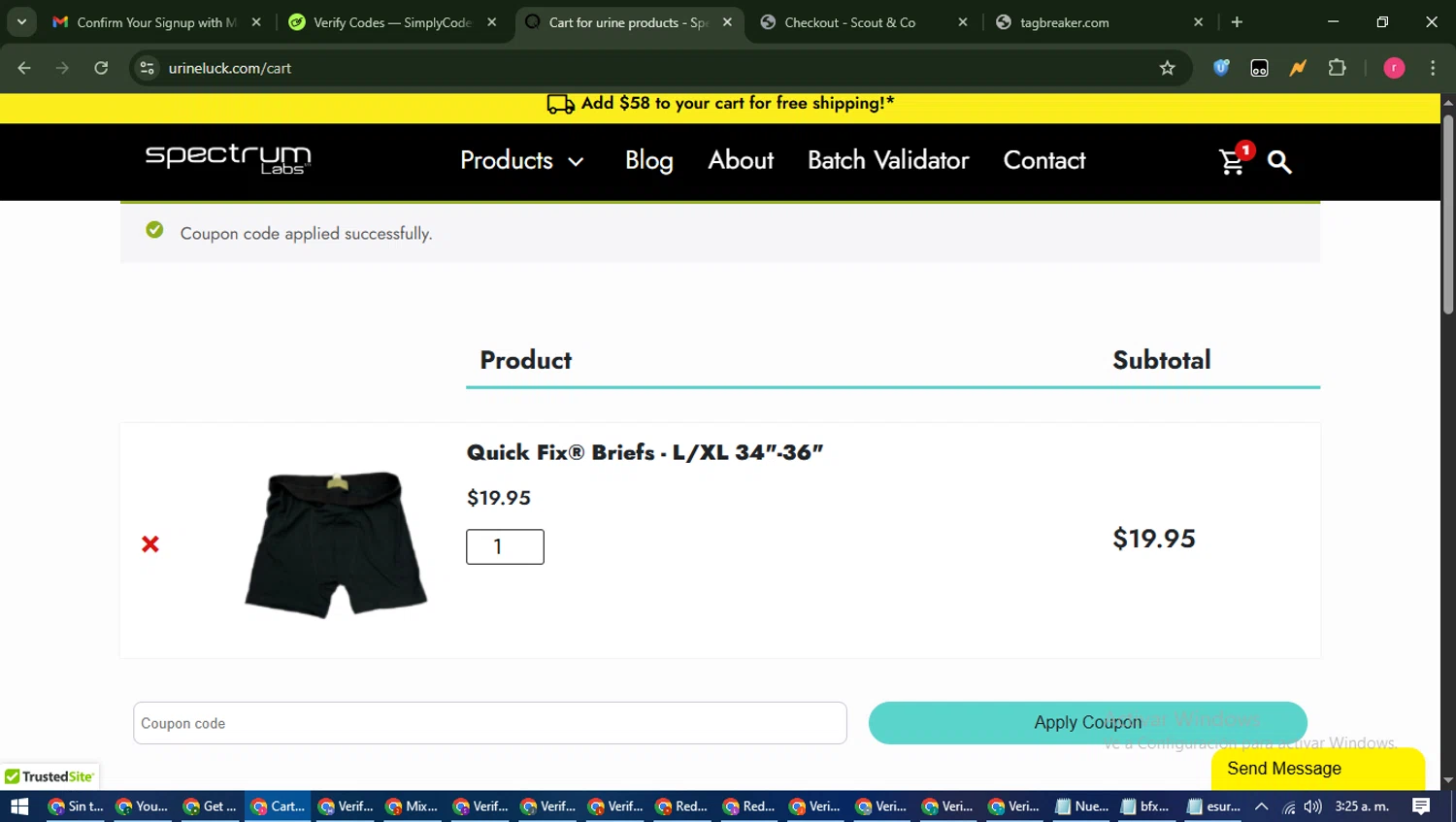 Spectrum Labs coupon code screenshot showing code batch10 applied at Spectrum Labs checkout page. Uploaded by SimplyCodes community member WisePro3739 on Jun 22, 2025