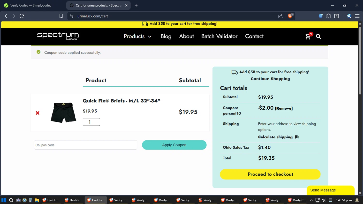 Spectrum Labs coupon code screenshot showing code PERCENT10 applied at Spectrum Labs checkout page. Uploaded by SimplyCodes community member Jgomez on Dec 31, 2025