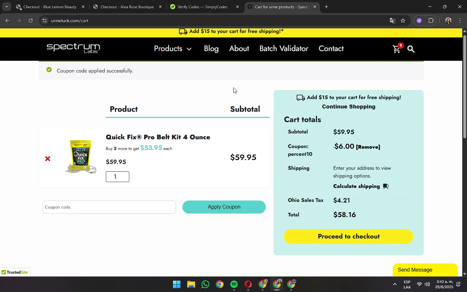 Spectrum Labs coupon code screenshot showing code PERCENT10 applied at Spectrum Labs checkout page. Uploaded by SimplyCodes community member OliviaRodrigo on Jun 29, 2025