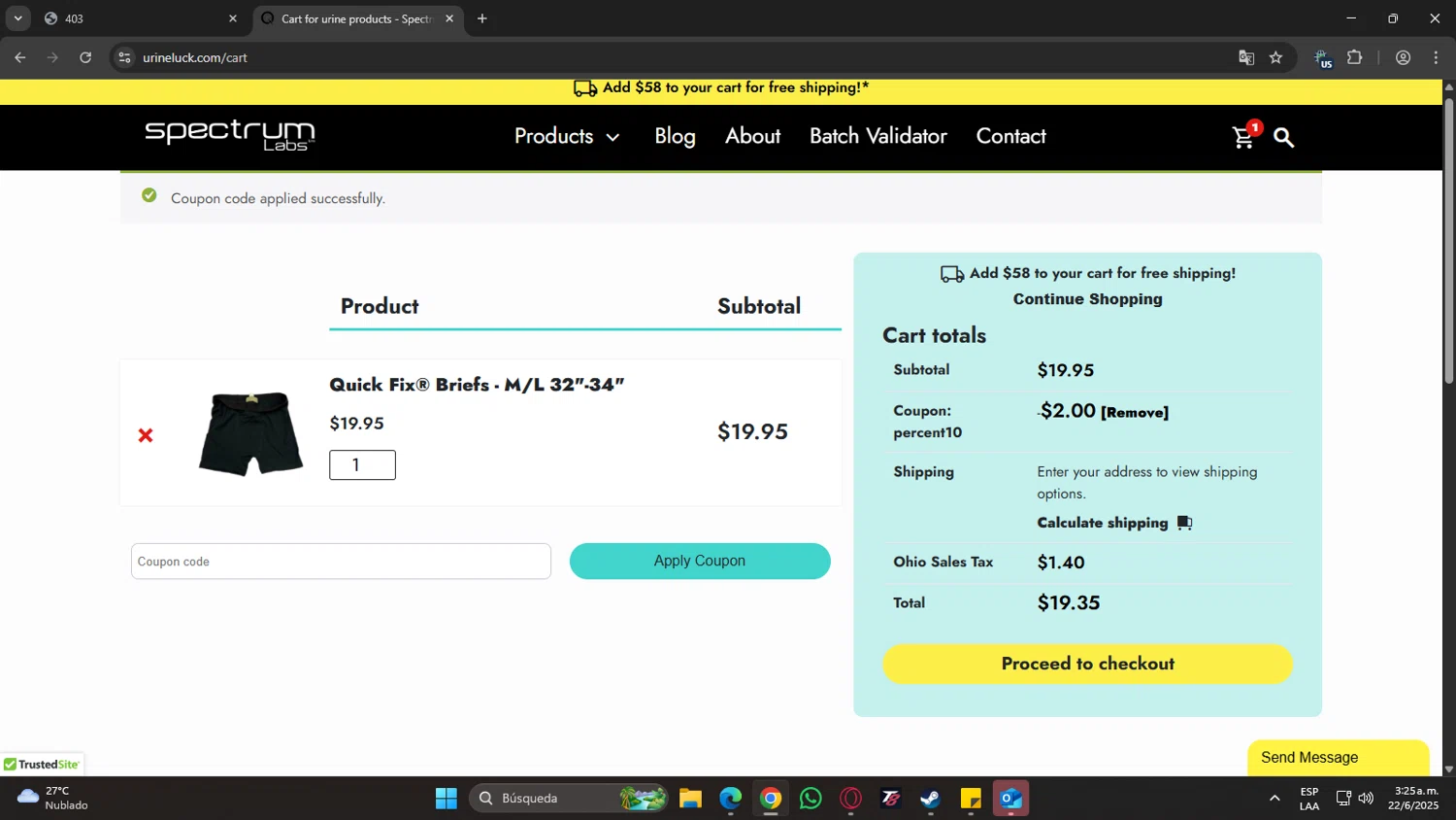 Spectrum Labs coupon code screenshot showing code PERCENT10 applied at Spectrum Labs checkout page. Uploaded by SimplyCodes community member jhoanDepp on Jun 22, 2025
