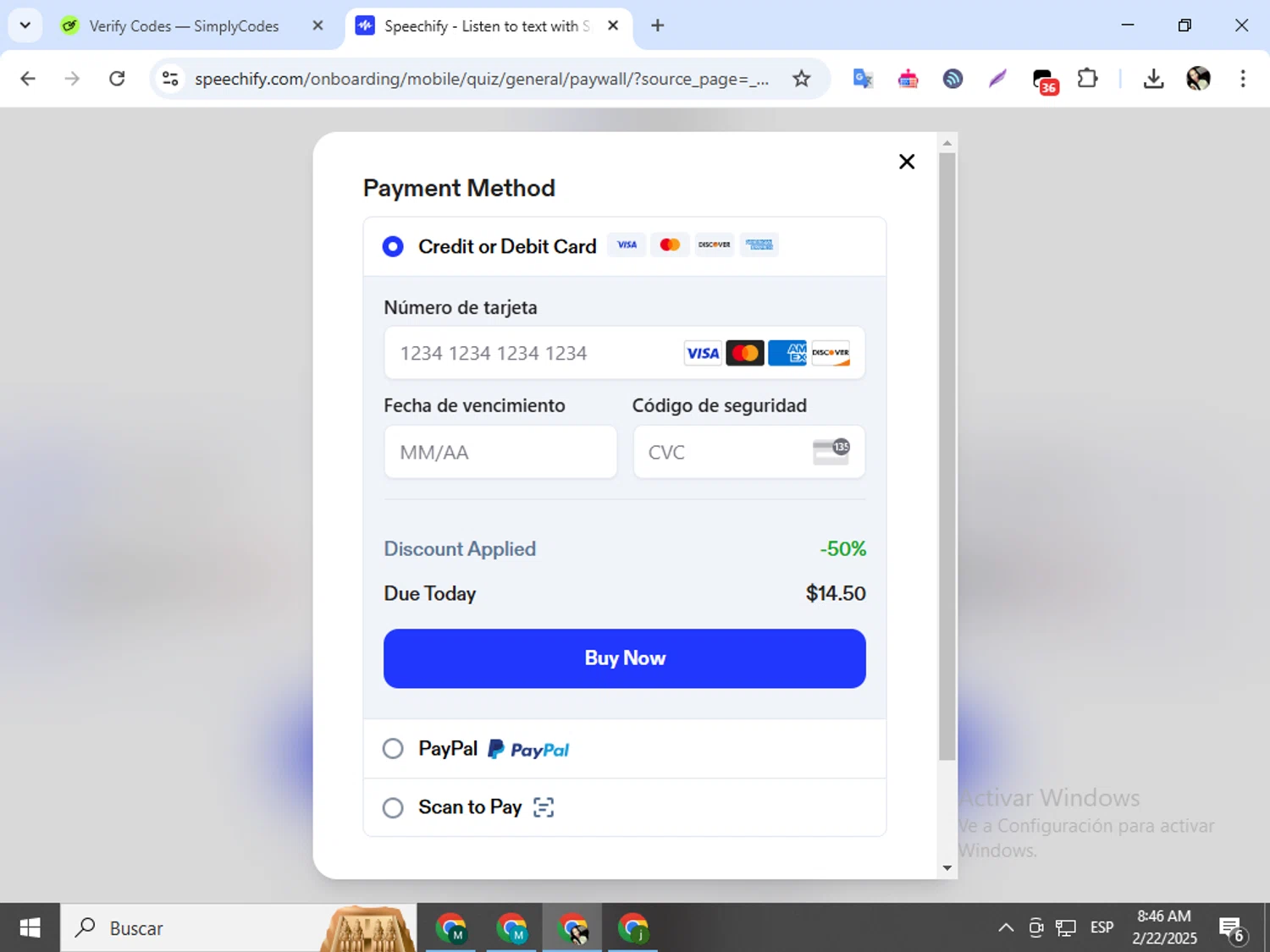 Speechify discount code screenshot showing code READFAST50 applied at Speechify checkout page. Uploaded by SimplyCodes community member mariapolancog on Feb 22, 2025