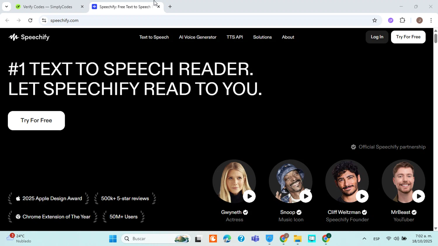 Speechify discount code screenshot showing code CLIFF306 applied at Speechify checkout page. Uploaded by SimplyCodes community member ABHF23 on Oct 18, 2025