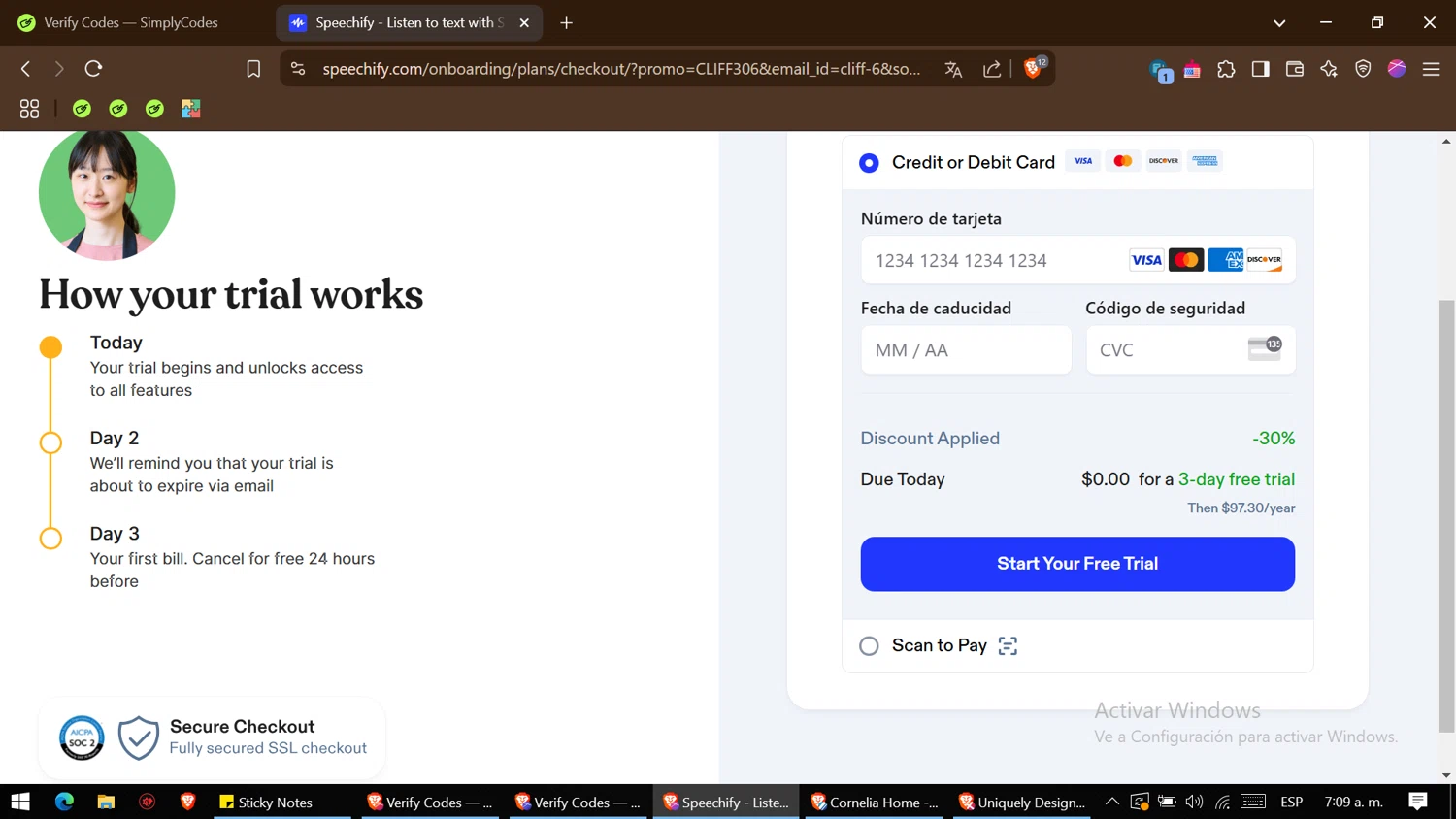 Speechify discount code screenshot showing code CLIFF306 applied at Speechify checkout page. Uploaded by SimplyCodes community member BonusHero4456 on Apr 1, 2025