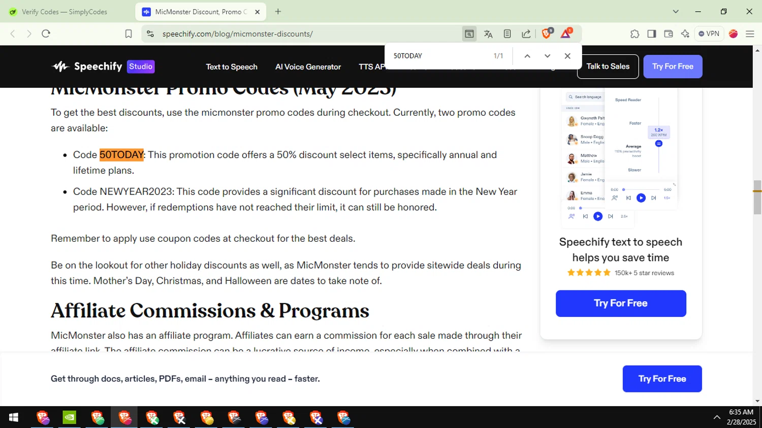 Speechify discount code screenshot showing code 50TODAY applied at Speechify checkout page. Uploaded by SimplyCodes community member ValueFox5508 on Feb 28, 2025