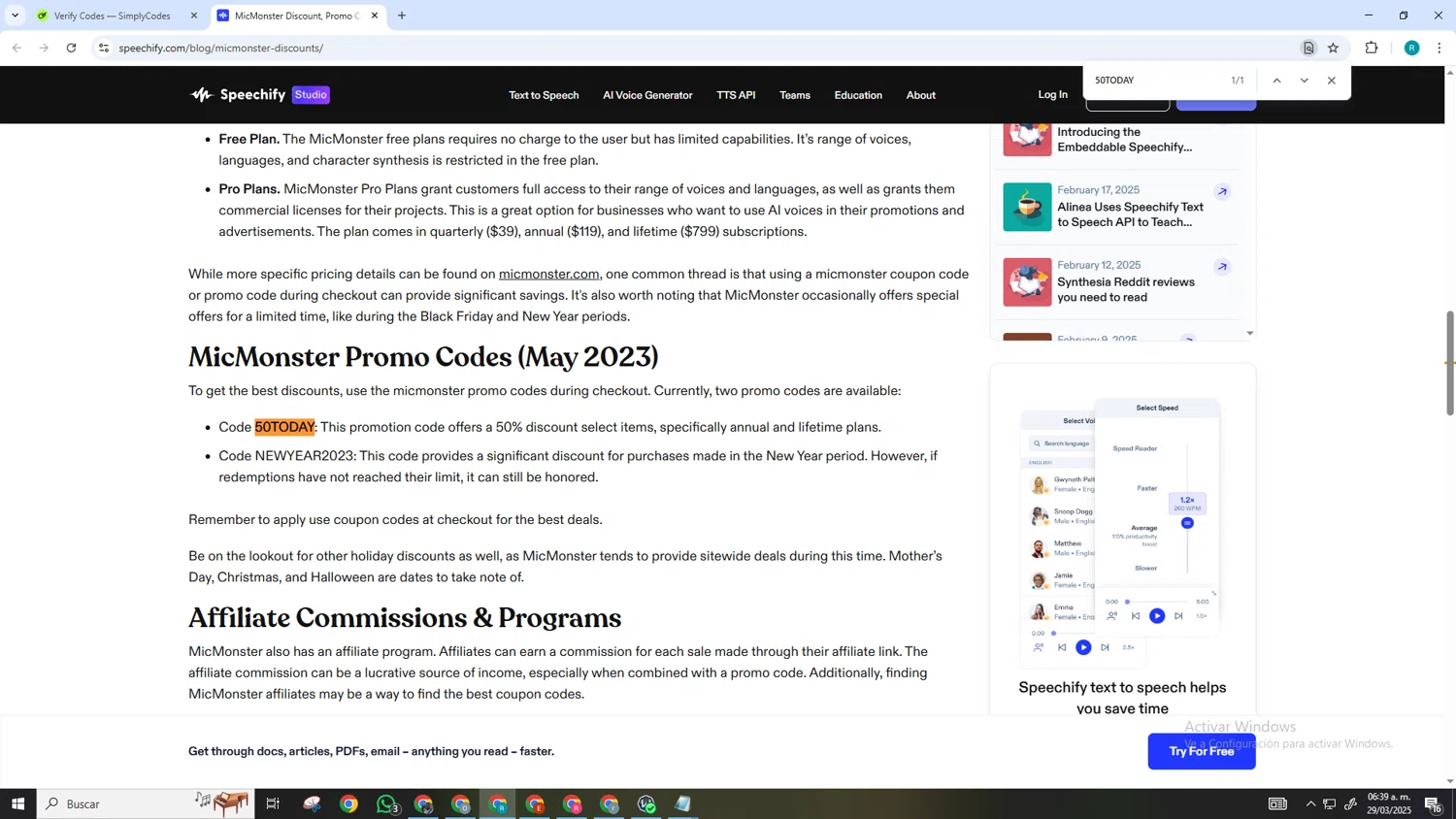 Speechify discount code screenshot showing code 50TODAY applied at Speechify checkout page. Uploaded by SimplyCodes community member SmartGenius3209 on Mar 29, 2025