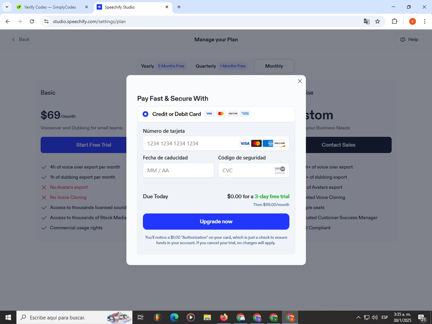 Speechify discount code screenshot showing code 50TODAY applied at Speechify checkout page. Uploaded by SimplyCodes community member partenalgas on Jan 30, 2025