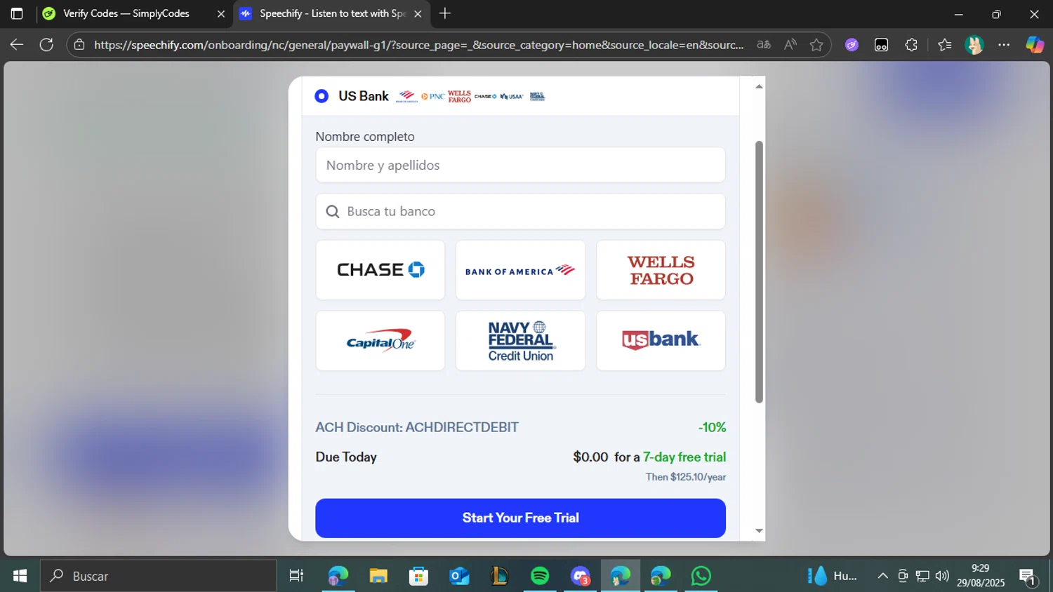 Speechify discount code screenshot showing code ACHDIRECTDEBIT applied at Speechify checkout page. Uploaded by SimplyCodes community member CashCollector4109 on Aug 29, 2025