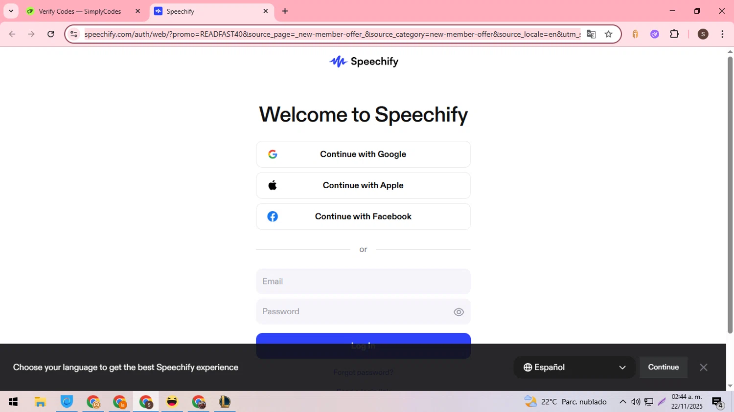 Speechify discount code screenshot showing code READFAST40 applied at Speechify checkout page. Uploaded by SimplyCodes community member DiscountDefender1226 on Nov 22, 2025