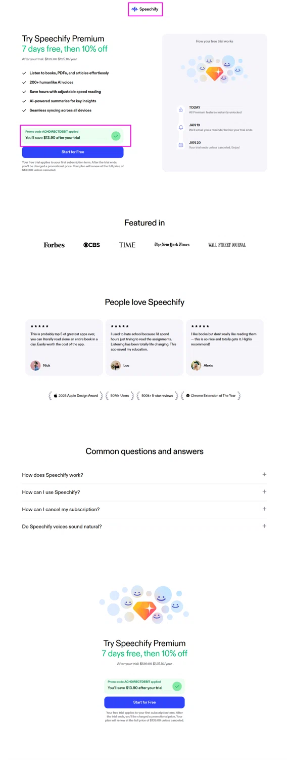 Speechify discount code screenshot showing code ACHDIRECTDEBIT applied at Speechify checkout page. Uploaded by SimplyCodes community member mrdarcy on Jan 13, 2026