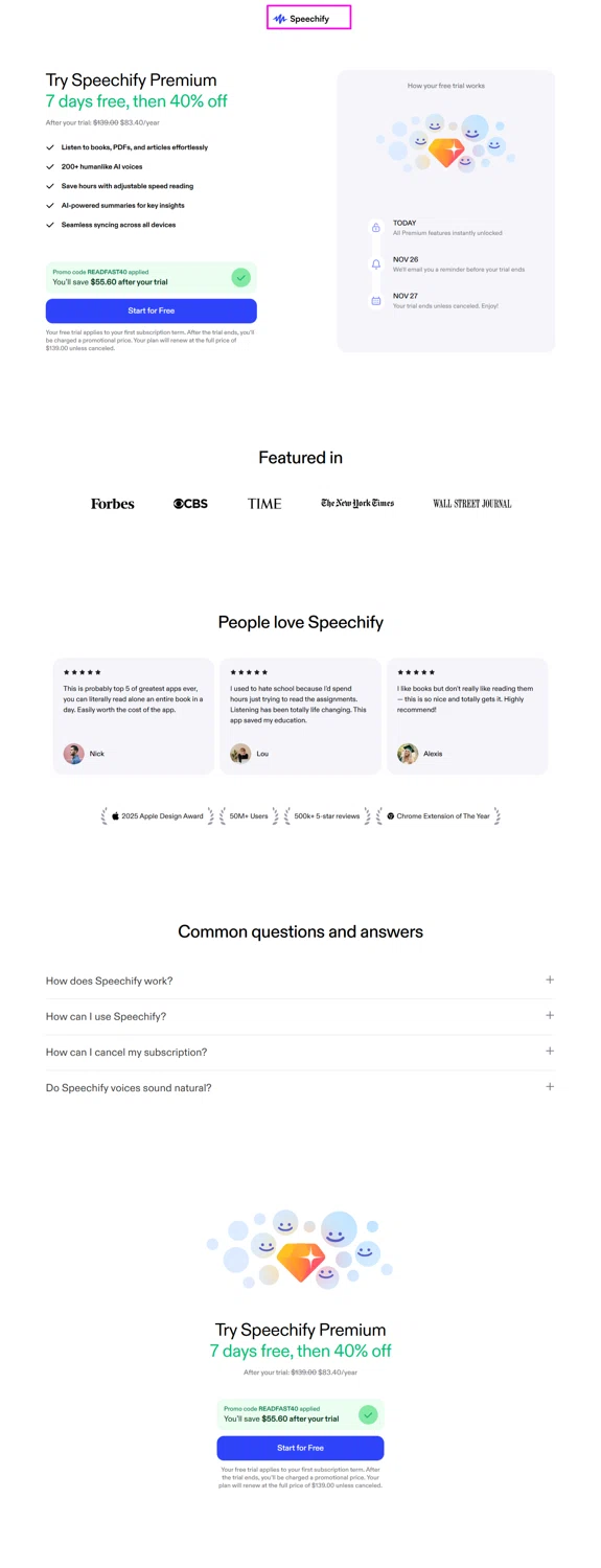 Speechify discount code screenshot showing code READFAST40 applied at Speechify checkout page. Uploaded by SimplyCodes community member mrdarcy on Nov 20, 2025
