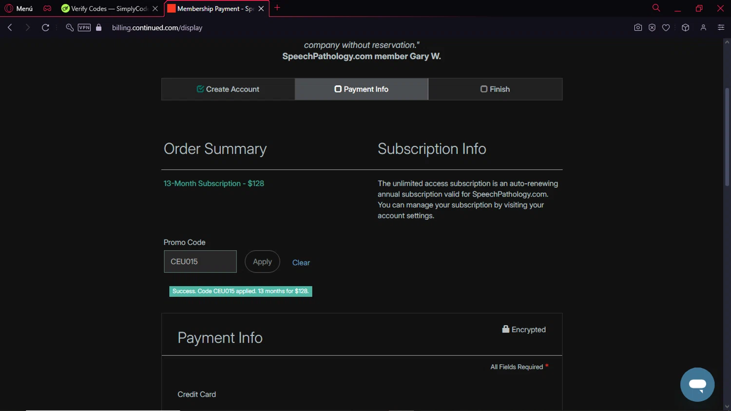 Speech Pathology promo code screenshot showing code CEU015 applied at Speech Pathology checkout page. Uploaded by SimplyCodes community member KeiJJ18 on Jan 5, 2025