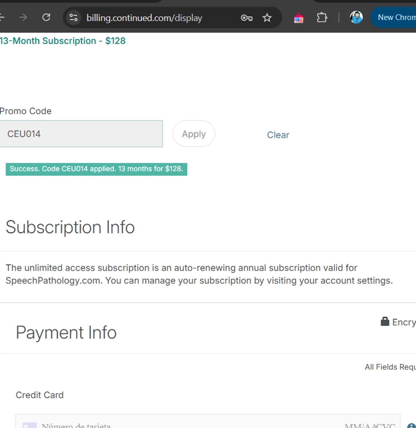 Speech Pathology promo code screenshot showing code CEU014 applied at Speech Pathology checkout page. Uploaded by SimplyCodes community member RichterBelmont on Feb 10, 2025