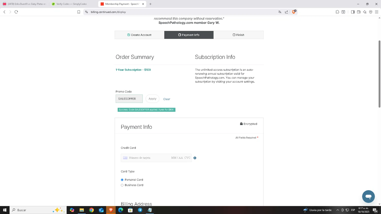 Speech Pathology promo code screenshot showing code SALESOFFER applied at Speech Pathology checkout page. Uploaded by SimplyCodes community member Carloscoder_900457733 on Oct 16, 2025