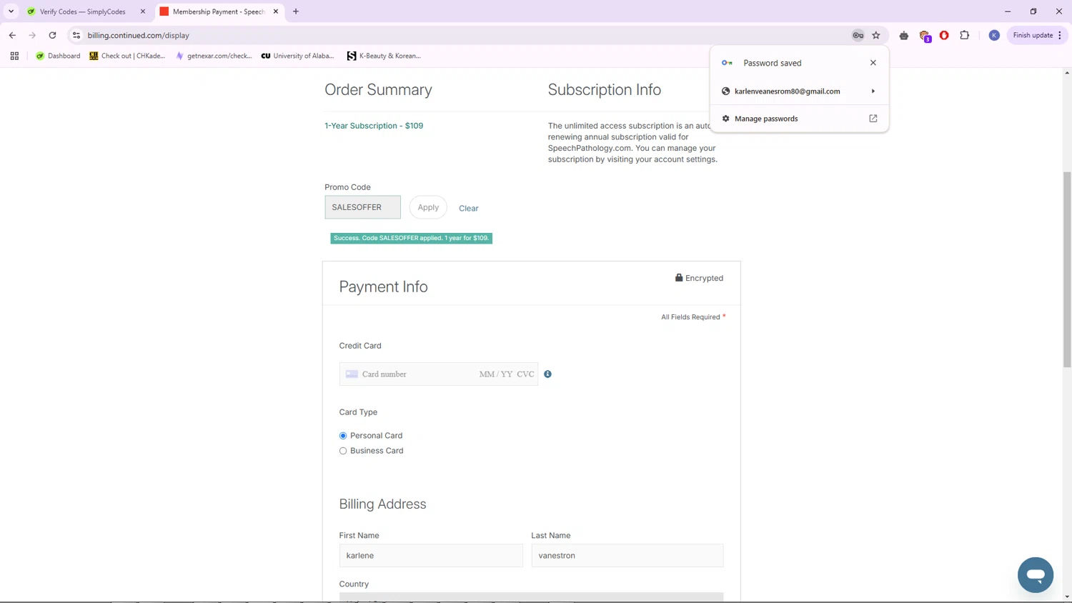 Speech Pathology promo code screenshot showing code SALESOFFER applied at Speech Pathology checkout page. Uploaded by SimplyCodes community member CleverFalcon7771 on Mar 30, 2025