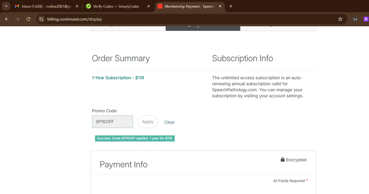 Speech Pathology checkout page showing Speech Pathology promo code box | Screenshot taken by SimplyCodes community member on Jan 29, 2026