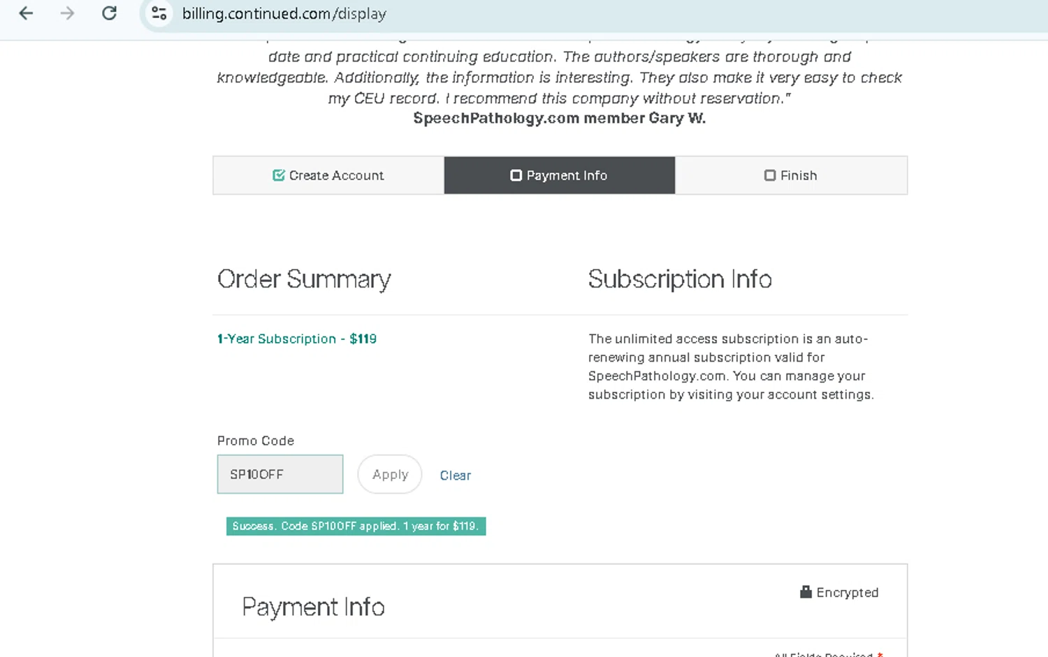 Speech Pathology checkout page showing Speech Pathology promo code box | Screenshot taken by SimplyCodes community member on Dec 31, 2025