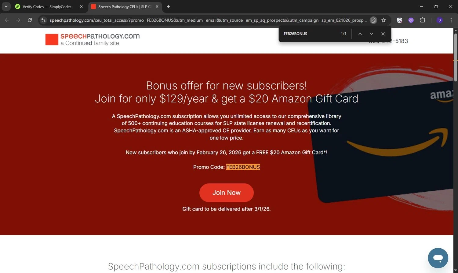 Speech Pathology checkout page showing Speech Pathology promo code box | Screenshot taken by SimplyCodes community member on Feb 18, 2026