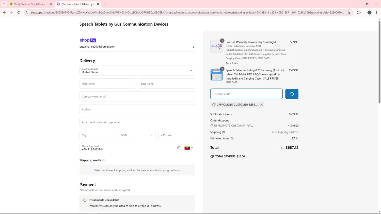 Speech Tablets by Gus Communication Devices promo code screenshot showing code UPPROMOTE_CUSTOMER_REFERRAL applied at Speech Tablets by Gus Communication Devices checkout page. Uploaded by SimplyCodes community member AVATIGRITO on Apr 18, 2025