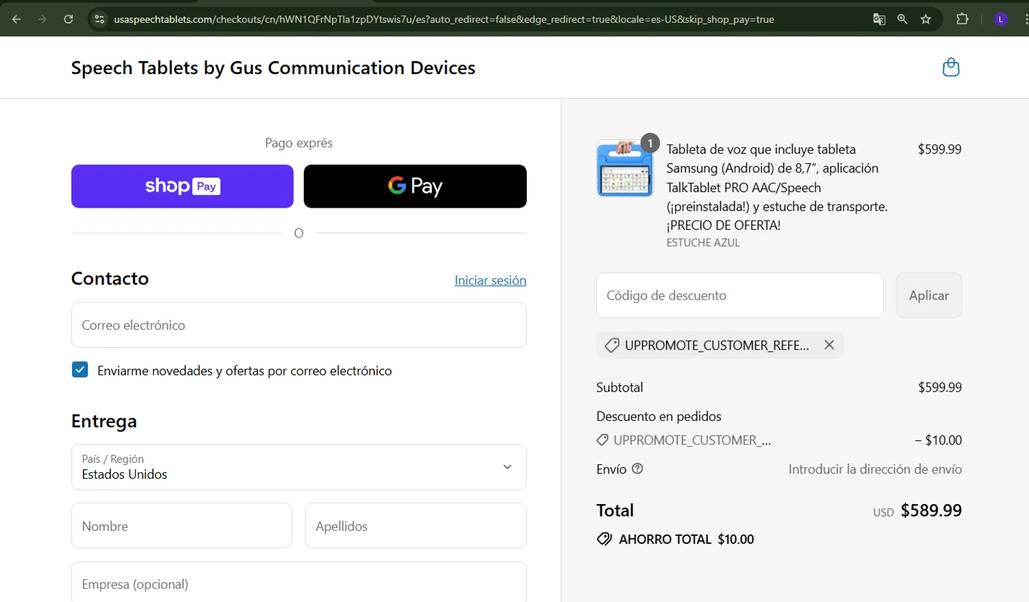 Speech Tablets by Gus Communication Devices promo code screenshot showing code UPPROMOTE_CUSTOMER_REFERRAL applied at Speech Tablets by Gus Communication Devices checkout page. Uploaded by SimplyCodes community member richard007 on Aug 4, 2025