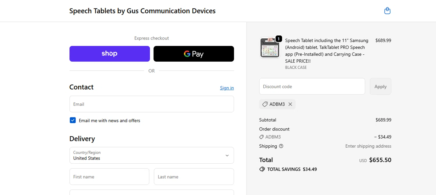 Speech Tablets by Gus Communication Devices promo code screenshot showing code ADBM3 applied at Speech Tablets by Gus Communication Devices checkout page. Uploaded by SimplyCodes community member ashe1986 on Oct 3, 2025