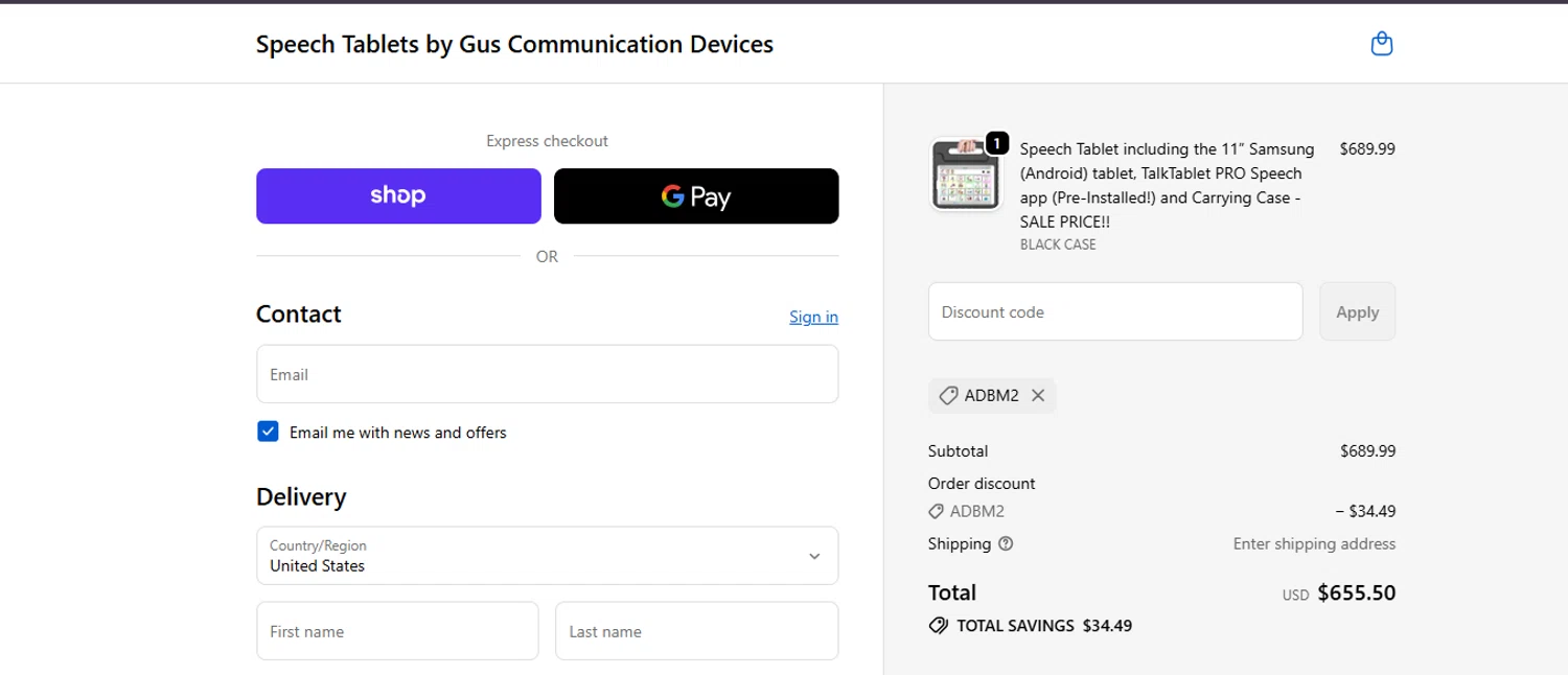 Speech Tablets by Gus Communication Devices promo code screenshot showing code ADBM2 applied at Speech Tablets by Gus Communication Devices checkout page. Uploaded by SimplyCodes community member ashe1986 on Oct 2, 2025