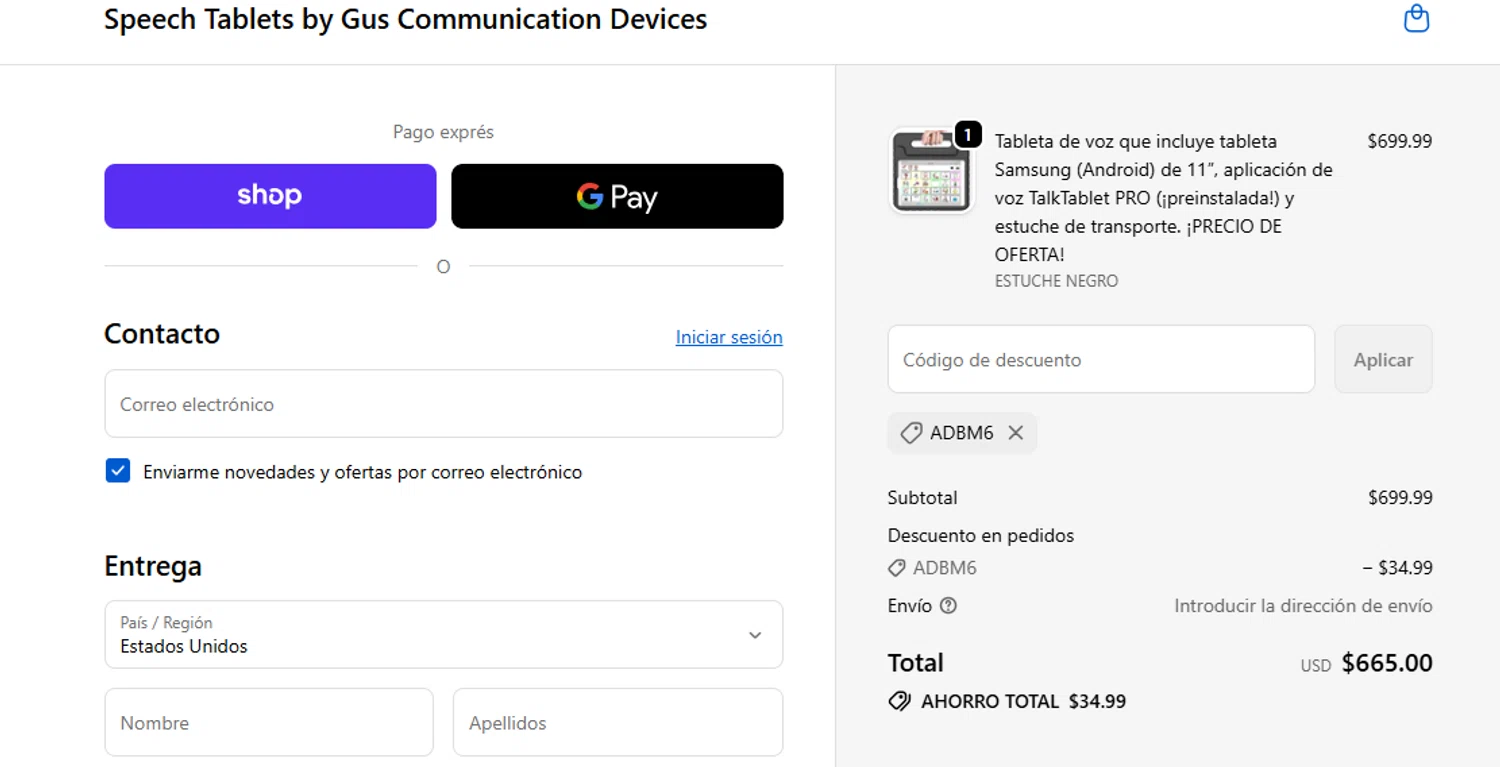 Speech Tablets by Gus Communication Devices promo code screenshot showing code ADBM6 applied at Speech Tablets by Gus Communication Devices checkout page. Uploaded by SimplyCodes community member ashe1986 on Nov 19, 2025