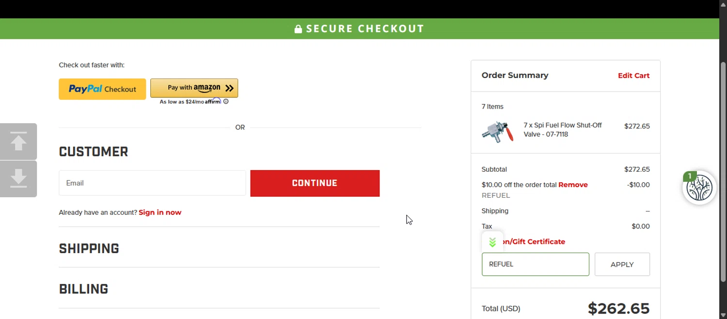 Speed Addicts discount code screenshot showing code REFUEL applied at Speed Addicts checkout page. Uploaded by SimplyCodes community member 111111 on Nov 5, 2025