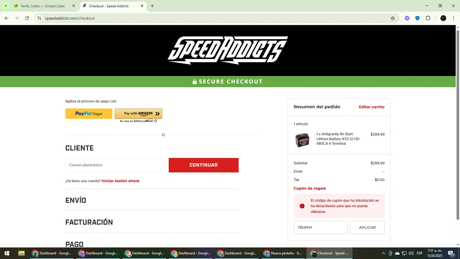 Speed Addicts discount code screenshot showing code TROPHY applied at Speed Addicts checkout page. Uploaded by SimplyCodes community member CarmenVGR on Aug 15, 2025