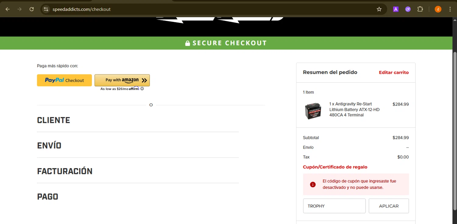 Speed Addicts discount code screenshot showing code TROPHY applied at Speed Addicts checkout page. Uploaded by SimplyCodes community member PennyAdmiral6960 on Aug 15, 2025