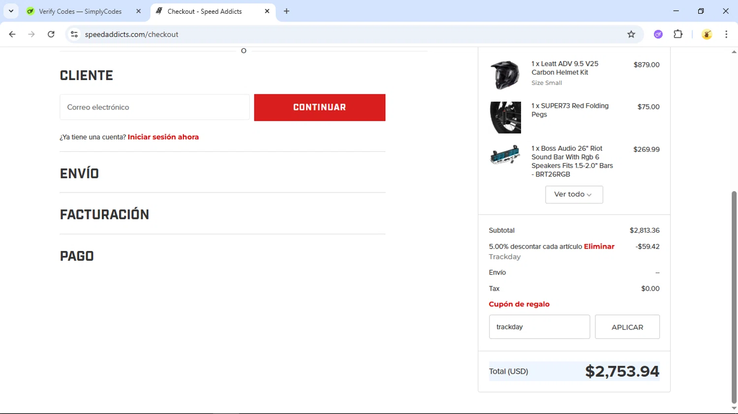 Speed Addicts discount code screenshot showing code trackday applied at Speed Addicts checkout page. Uploaded by SimplyCodes community member GloriousSage2502 on Oct 31, 2025