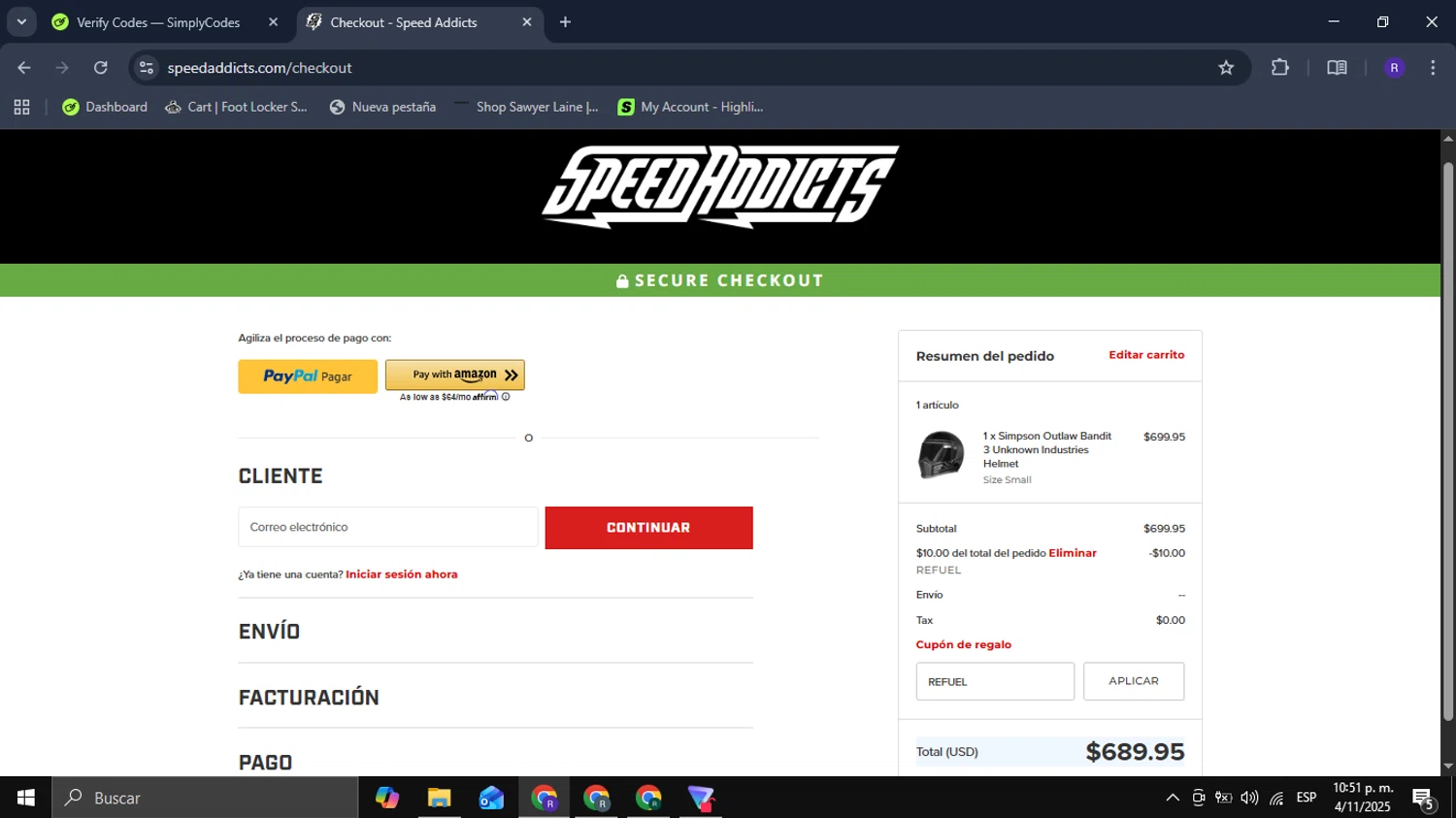Speed Addicts discount code screenshot showing code REFUEL applied at Speed Addicts checkout page. Uploaded by SimplyCodes community member Mykeusername on Nov 5, 2025