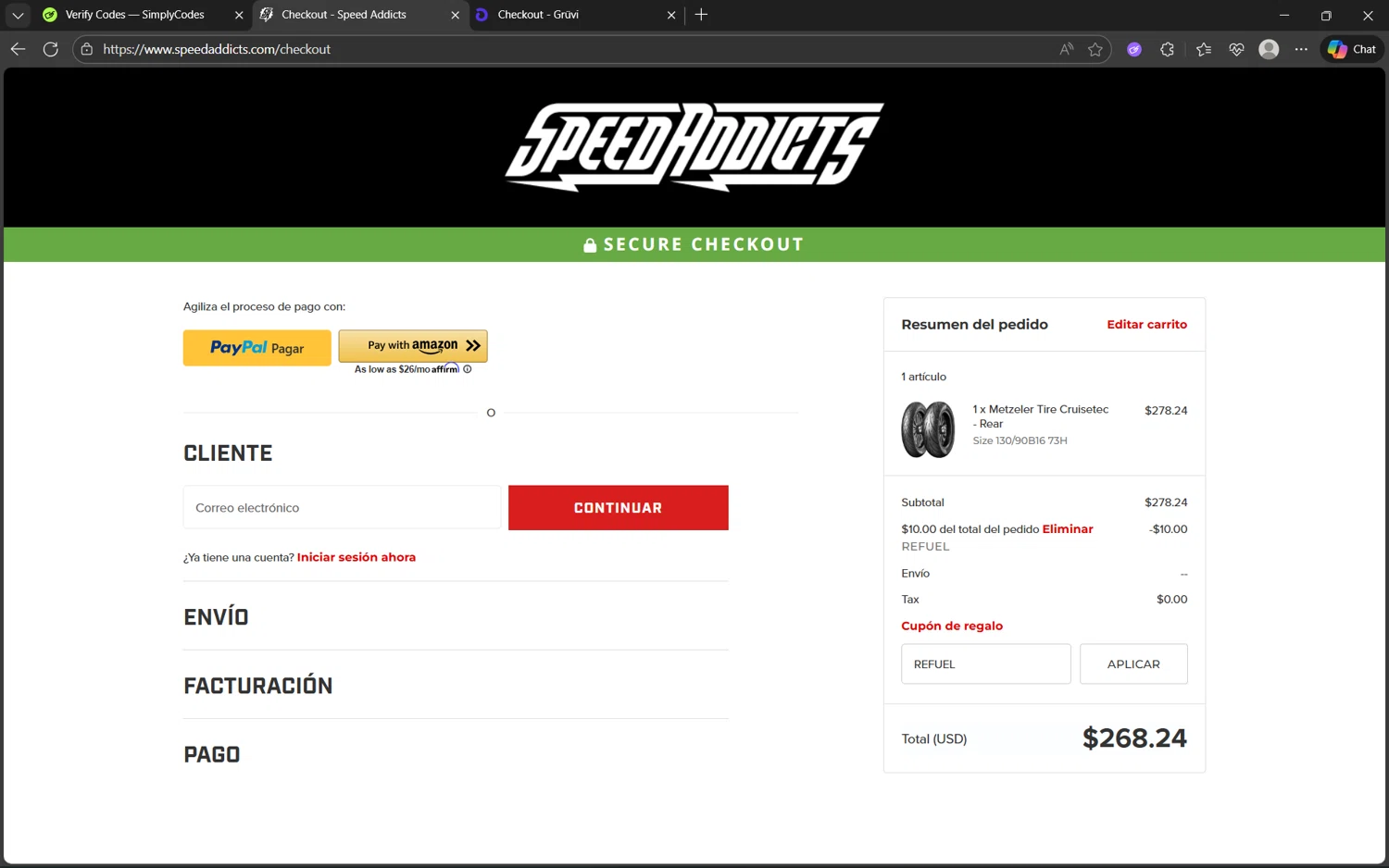Speed Addicts discount code screenshot showing code REFUEL applied at Speed Addicts checkout page. Uploaded by SimplyCodes community member juan1702 on Dec 4, 2025