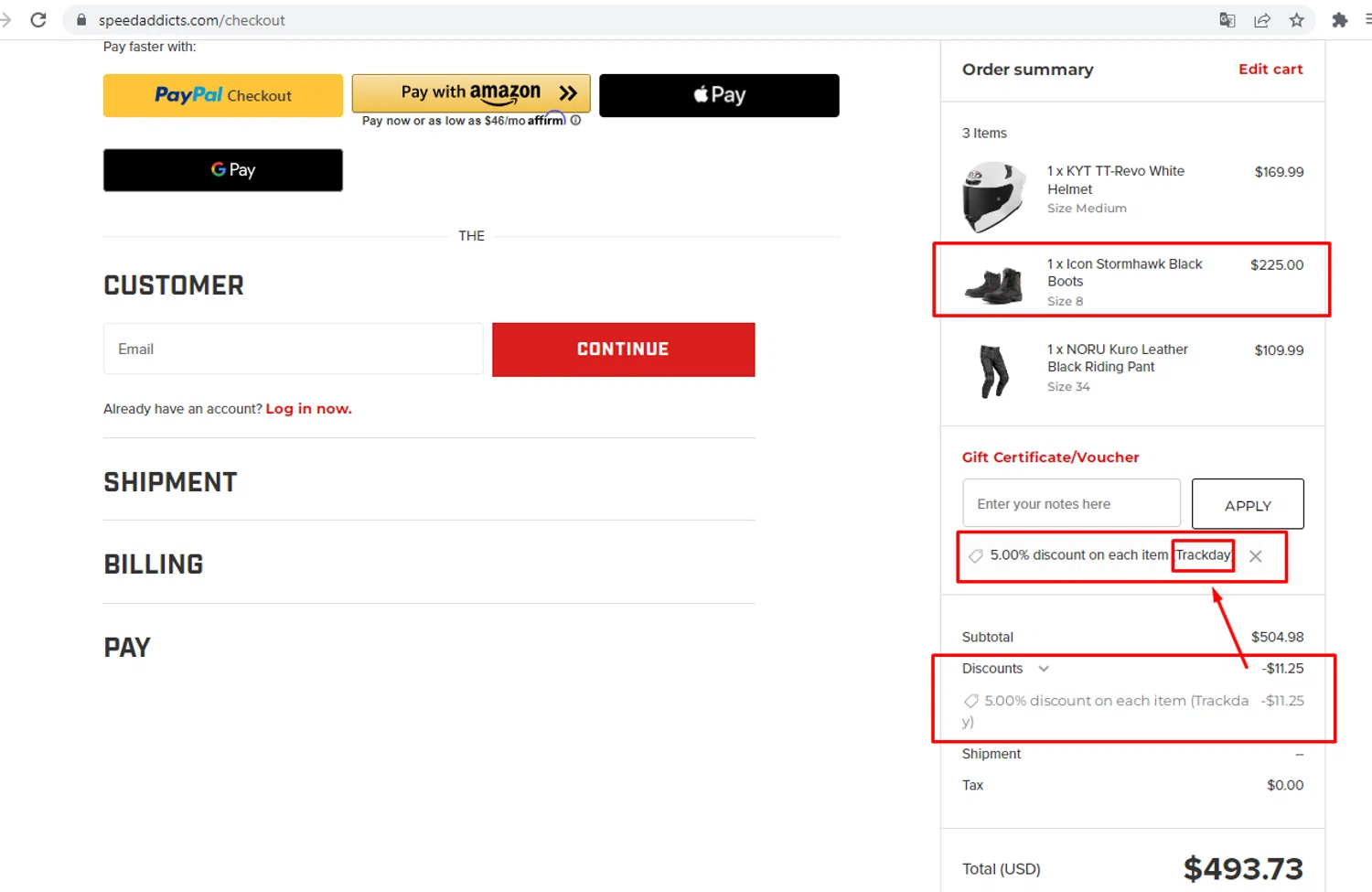 Speed Addicts discount code screenshot showing code TRACKDAY applied at Speed Addicts checkout page. Uploaded by SimplyCodes community member nileskamarcano on Jan 19, 2026