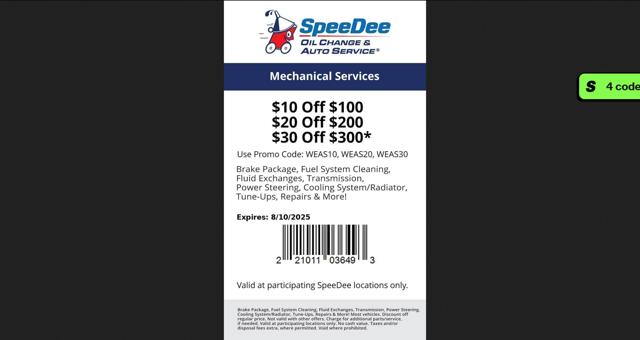 SpeeDee Oil Change checkout page showing SpeeDee Oil Change promo code box | Screenshot taken by SimplyCodes community member on Jul 28, 2025