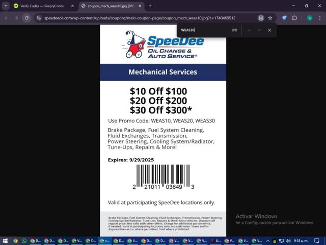 SpeeDee Oil Change checkout page showing SpeeDee Oil Change promo code box | Screenshot taken by SimplyCodes community member on Sep 16, 2025