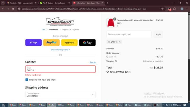 Speedgear checkout page showing Speedgear promo code box | Screenshot taken by SimplyCodes community member on Sep 15, 2025