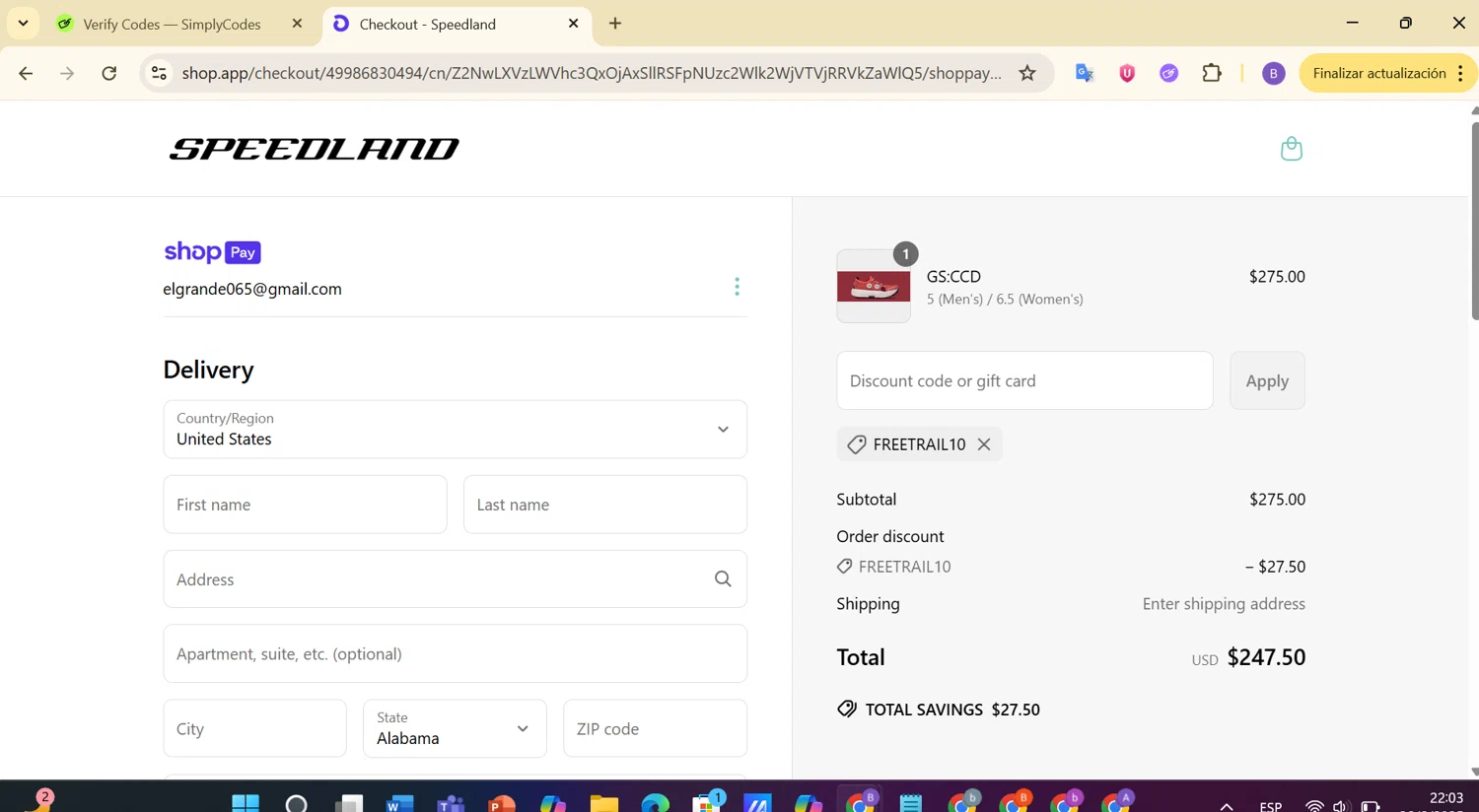 Speedland discount code screenshot showing code freetrail10 applied at Speedland checkout page. Uploaded by SimplyCodes community member BargainCurator1325 on Jun 27, 2025