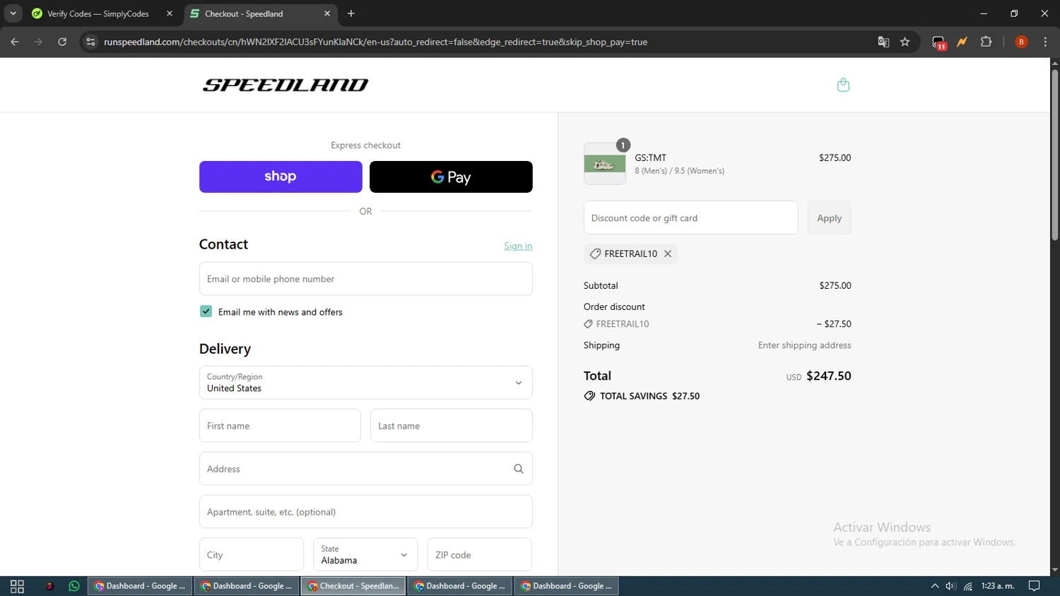 Speedland discount code screenshot showing code freetrail10 applied at Speedland checkout page. Uploaded by SimplyCodes community member BrilliantLynx7174 on Sep 9, 2025