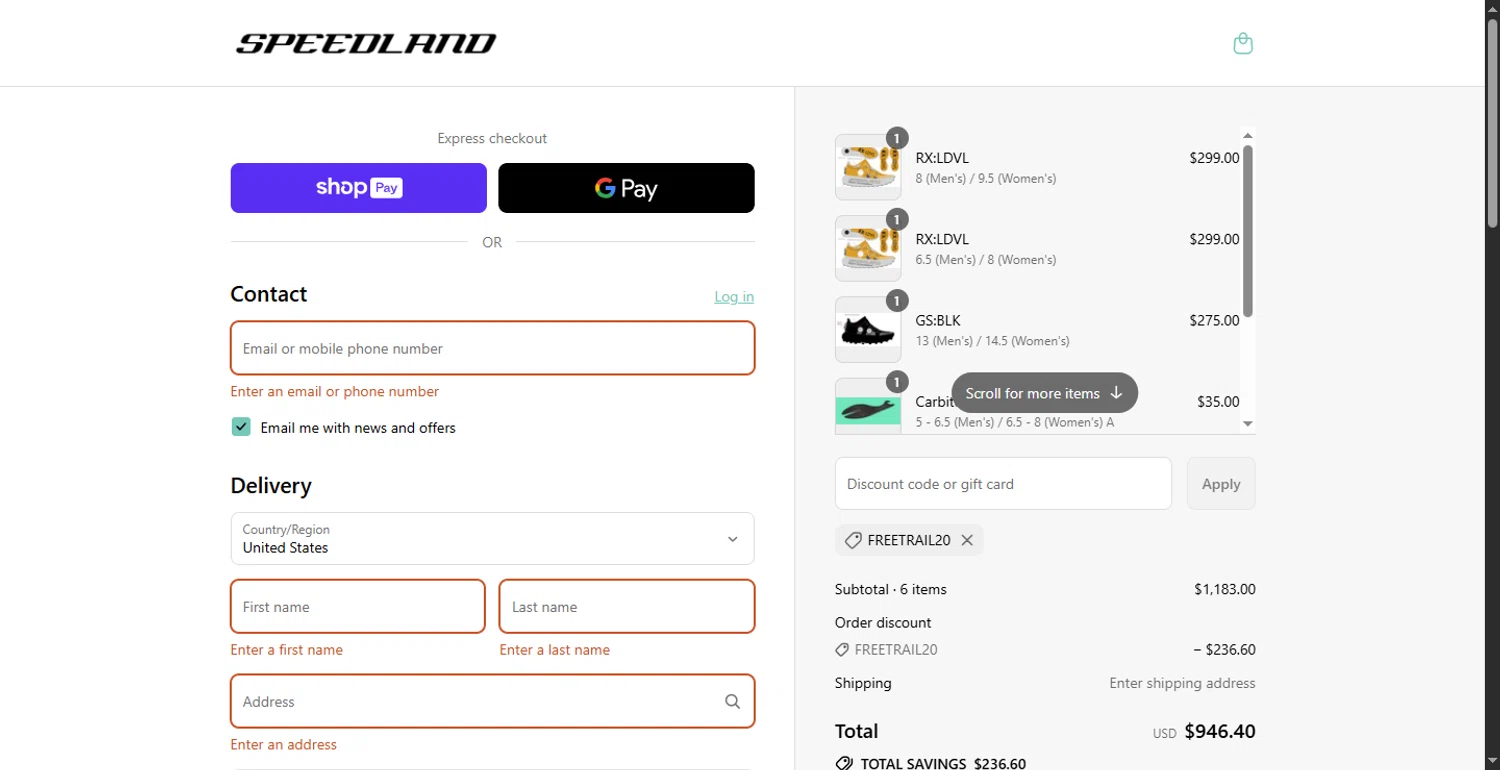 Speedland discount code screenshot showing code freetrail20 applied at Speedland checkout page. Uploaded by SimplyCodes community member SavvyHawk1474 on Aug 6, 2025