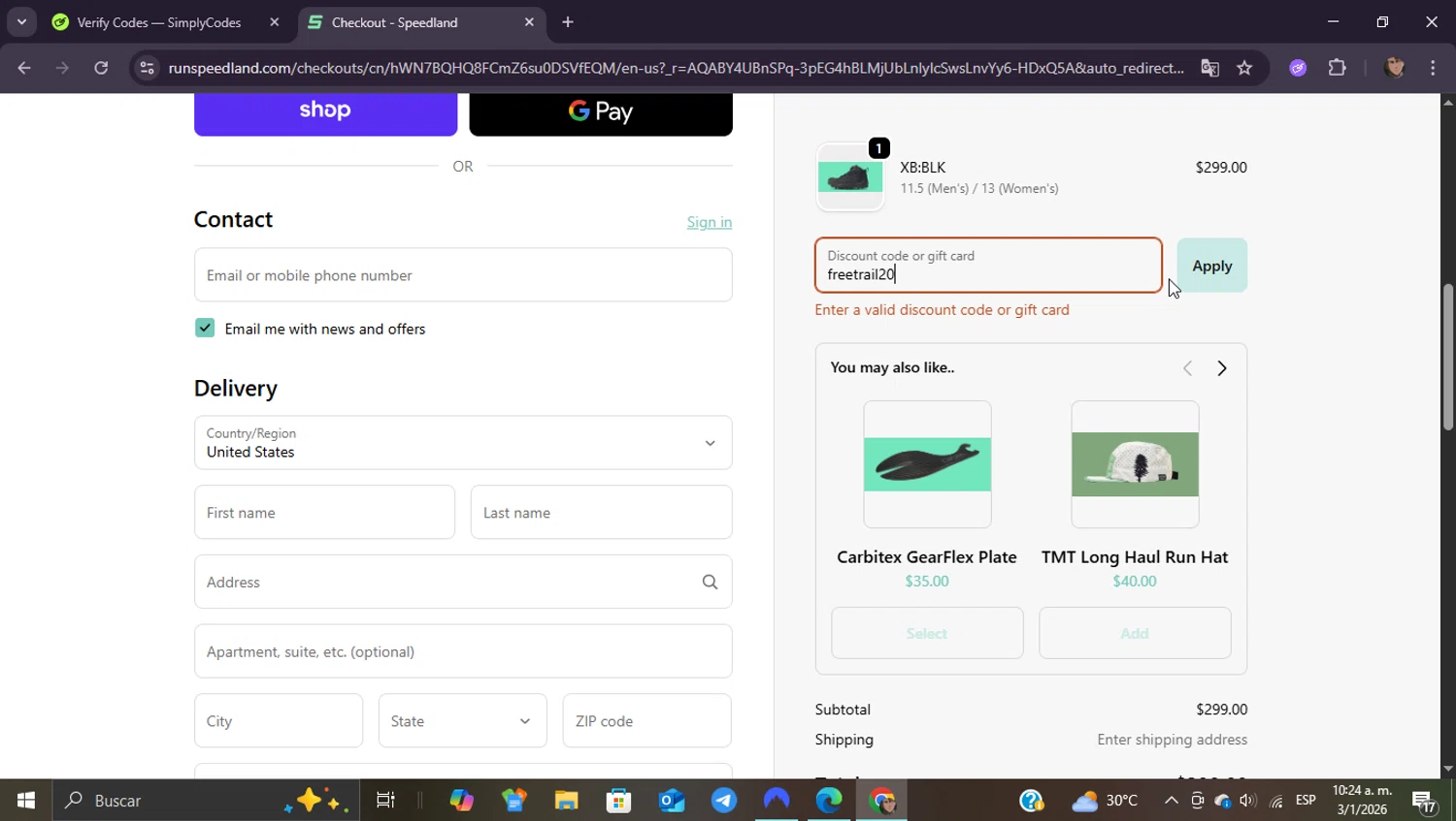 Speedland discount code screenshot showing code freetrail20 applied at Speedland checkout page. Uploaded by SimplyCodes community member ShieldEagle9436 on Jan 3, 2026